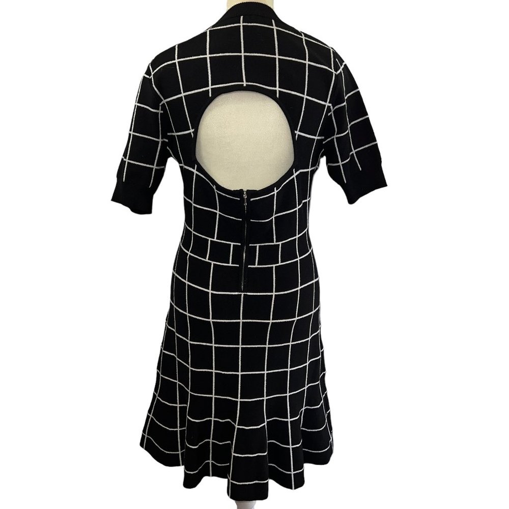 MILLY Black & White Windowpane Knit A-Line Dress – Open Back – Size M - Picture 6 of 16